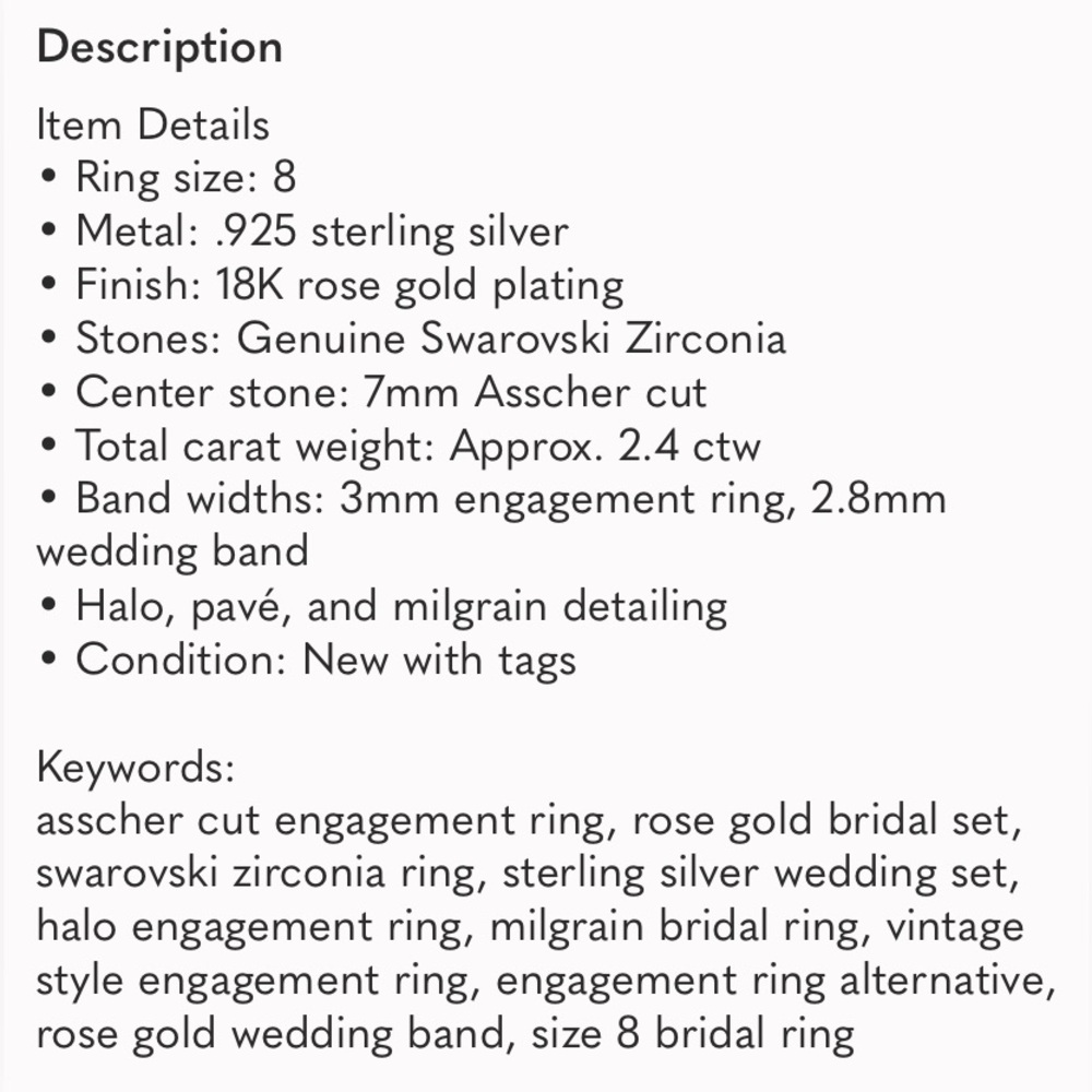 Rose Gold sterling silver Engagement Ring Set with Swarovski Stones Asher Cut - Picture 10 of 11